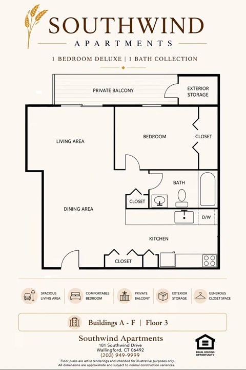 Floor plan for 1 bed, 1 bath, 725 sqft